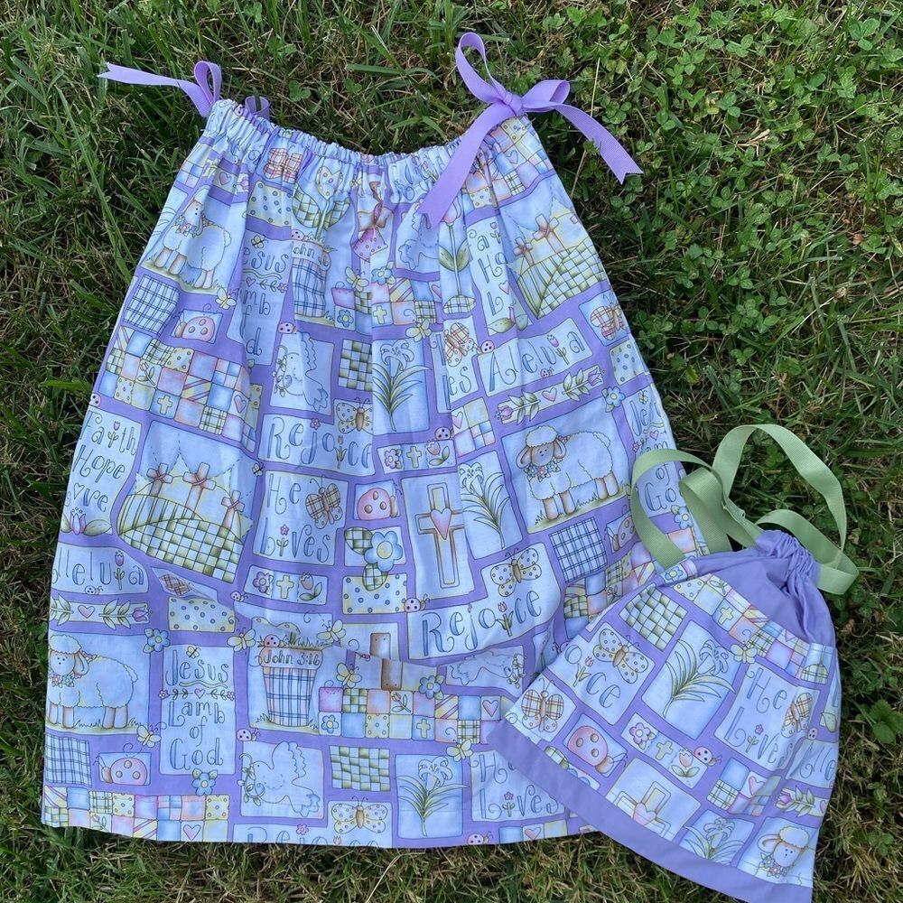 Handsewn toddler girls, religious print dress with matching bag size 3T